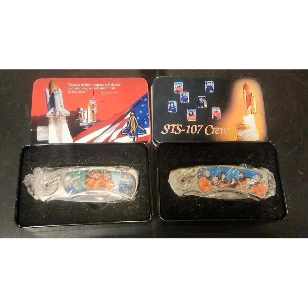 Lot Of Two Vintage Knives In Memory Of Space Shuttle Columbia STS-107 New In Tin
